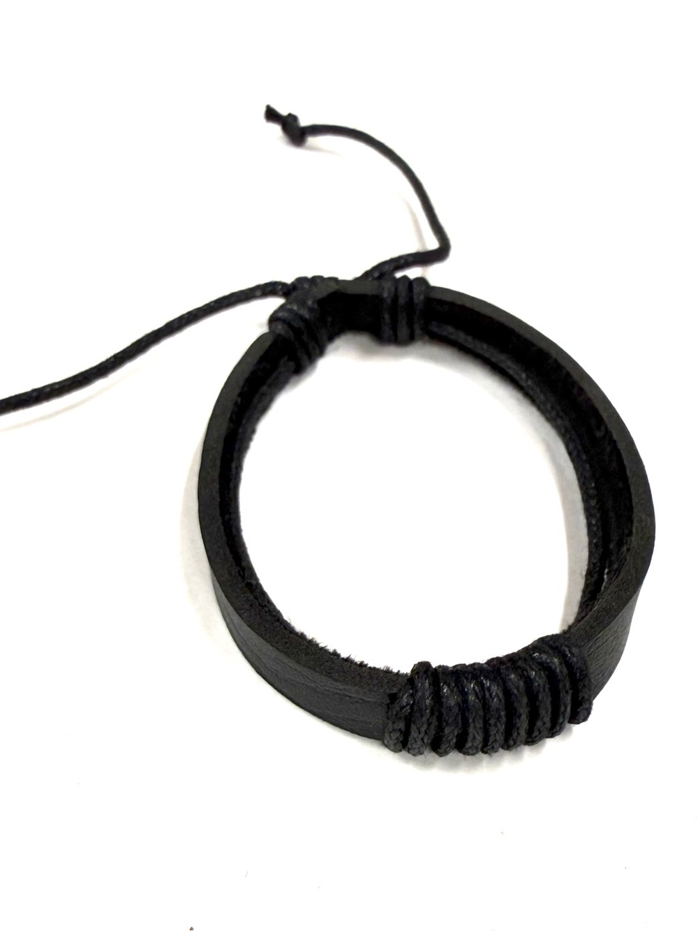 Black leather unisex bracelet with braided rope accents and ties nsb
